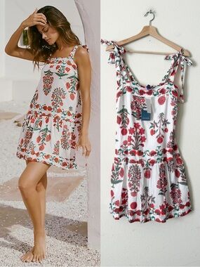 NWT Ro’s Garden SMALL Aspen white floral print tie shoulder strap mini dress